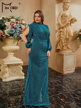 Missord Glitter Green Plus Size Prom Dress Women Split Lantern Sleeve Turtleneck Bodycon Wedding Party Evening Dresses Gown