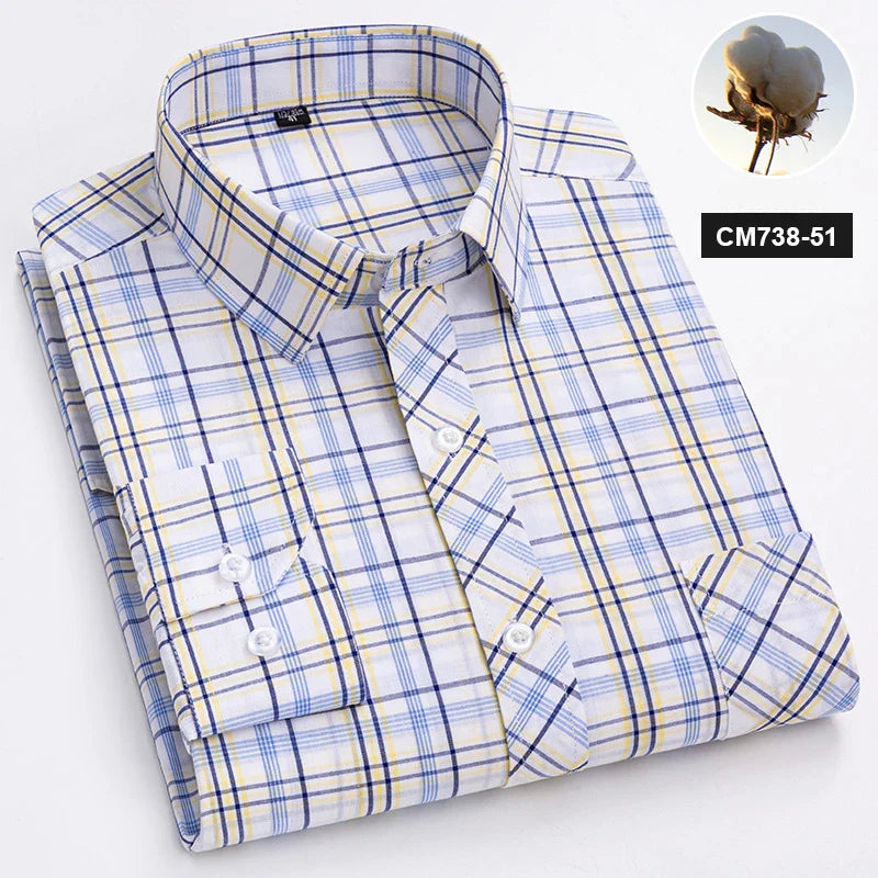 New in shirt 100%cotton long-sleeve shirts for men thin slim fit formal plain shirt plaid designer tops office elegants clothes