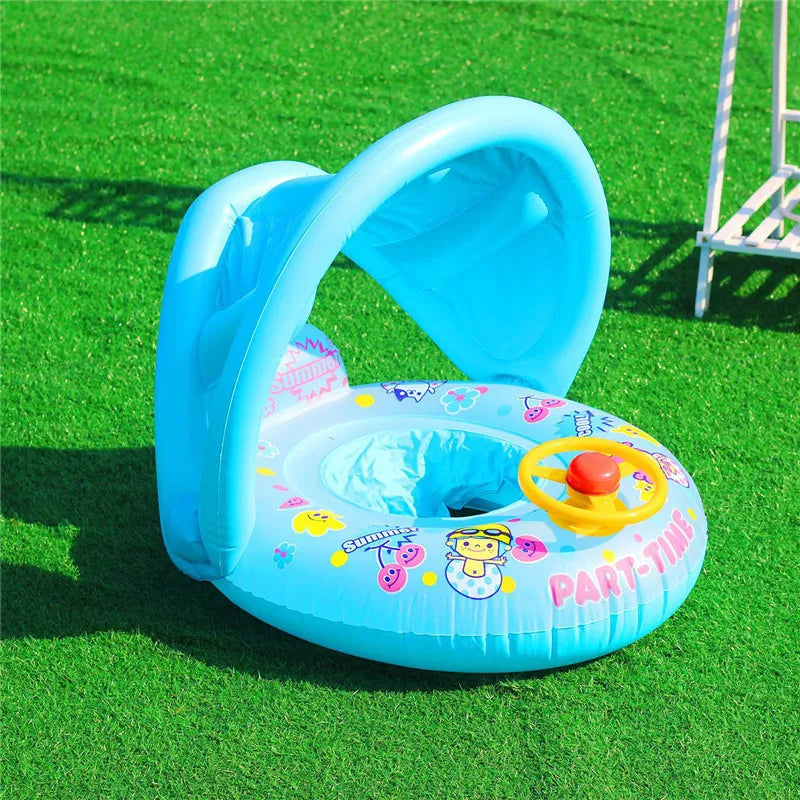 Cartoon Inflatable Baby Swim Ring Seat Floating Sunshade Toddler Swim Circle Bathtub Swimming Pool Beach Party Outdoor Water Toy