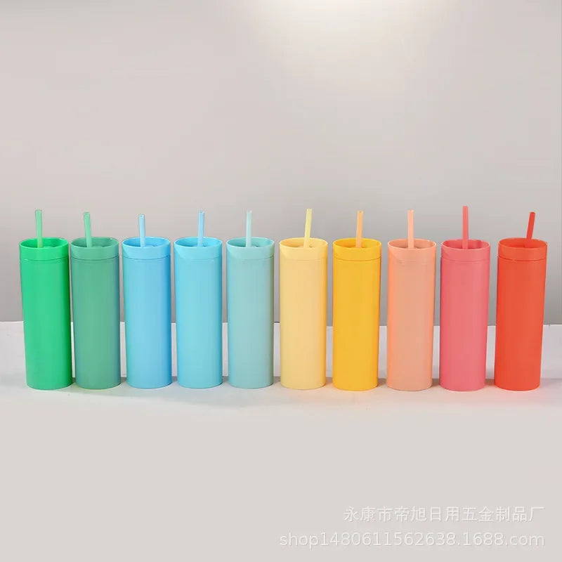 Plastic Straw Cup Double-Layer Water Bottles Coffee Cup Reusable Hard Plastic Tumbler With Lid Drinkware  Gift