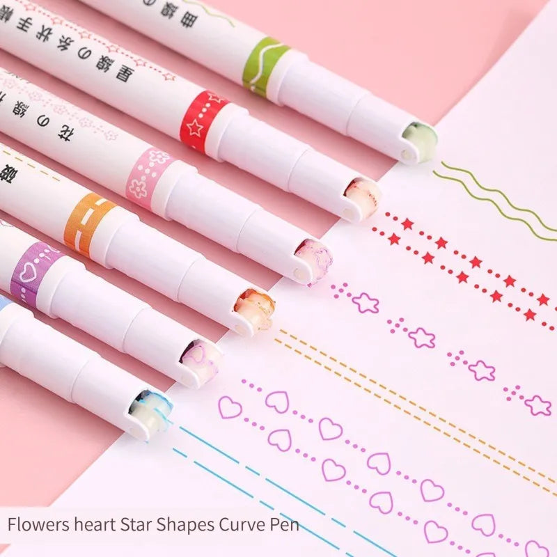 1/6Pcs/set Kawaii Flowers Line Shaped Highlighter Pens Roller Tip Curve Liner Marker for Writing Journaling Drawing Stationery