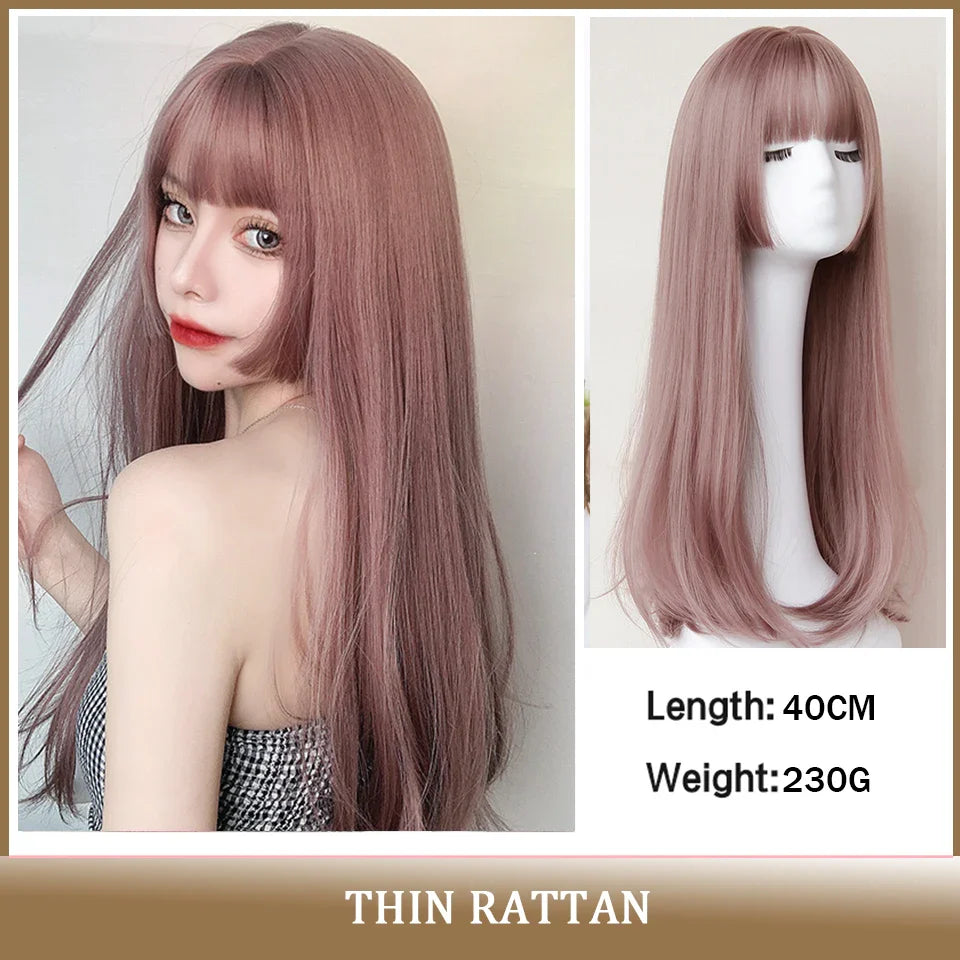 AS  Cosplay Wig With Bangs Synthetic Straight Hair 24 Inch Long Heat-Resistant Pink Wig For Women