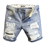 Summer 2022 Light Blue Ripped Cat Whisker Patch Letter Print Slim Denim Shorts Teenagers Jeans Boys and Girls Cowboy Short Pants