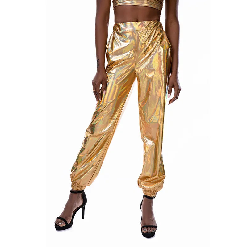 Women Nightclub Pole Dance Trousers Hip Hop Slacks Dj Costume Street Dance Stage Wear Party Holographic Pants Cheerleading Loose