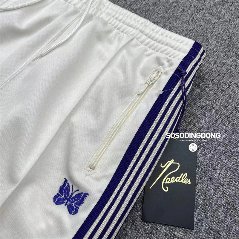 New style  Purple Stripe Needles Sweatpants Men Women White Embroidered Butterfly Awge Needles Drawstring Track Pants