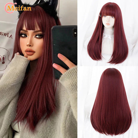 MEIFAN Long Lolita Ombre Harajuku Wig With Bang Red Blue Wave Curly Cosplay Wig Heat Resistant Synthetic Jellyfish Head Wigs