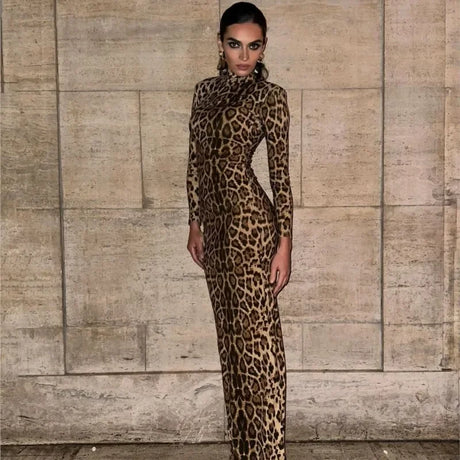 Sexy Leopard Print Dress Women Long Sleeve Turtleneck Slim Midi Female Dresses 2024 Spring Summer Fashion Bodycon Vestidos