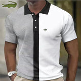 embroidery men's POLO Spring and Autumn short sleeve shirt new small plaid mixed cotton men's zipper lapel T-shirt men's casual