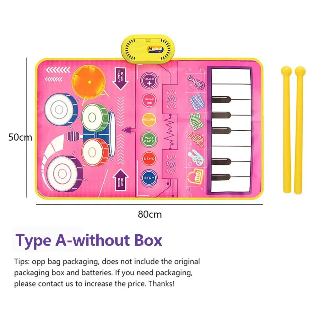 2 In 1 Piano Mat for Kids Piano Keyboard & Jazz Drum Music Touch Play Carpet Baby Toddlers Music Instrument Education Toys Gift