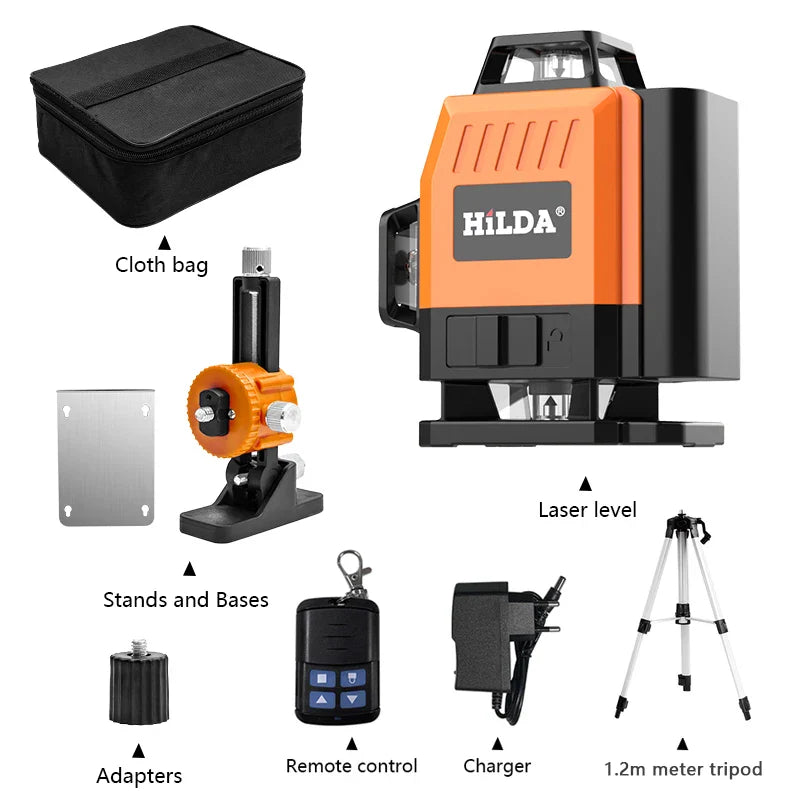 HILDA 12/16 Lines 3/4D Laser Level Level Self-Leveling 360 Horizontal And Vertical Cross Super Powerful Green Laser Level