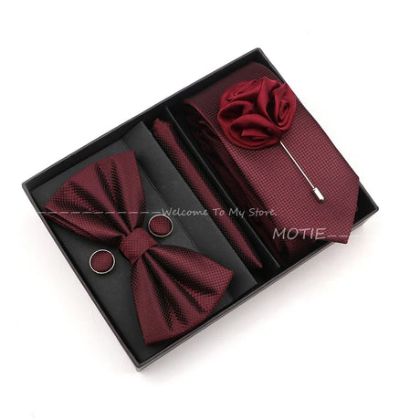 Solid Color Slim Plaid Ties Set With Box Purple Pink Bowties Handkerchiefs Brooches Cufflinks For Wedding Suit Accessories Gifts