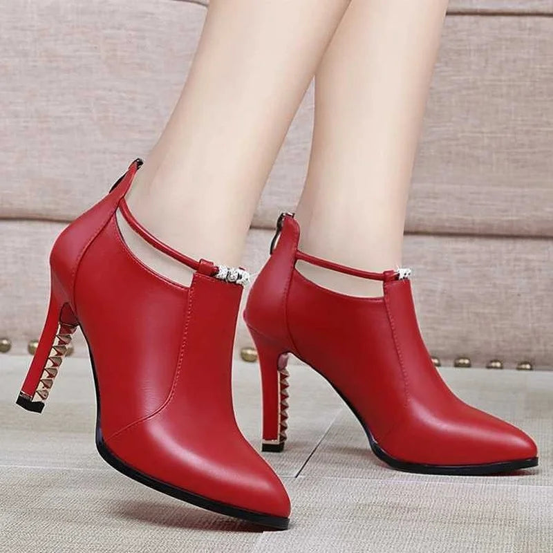 Botas Mujer2019new Winter Boots Women Shallow Round Toe Red Women's Boots Thin Heels Zip Ankle Boots Pu Leather Zapatos De Mujer