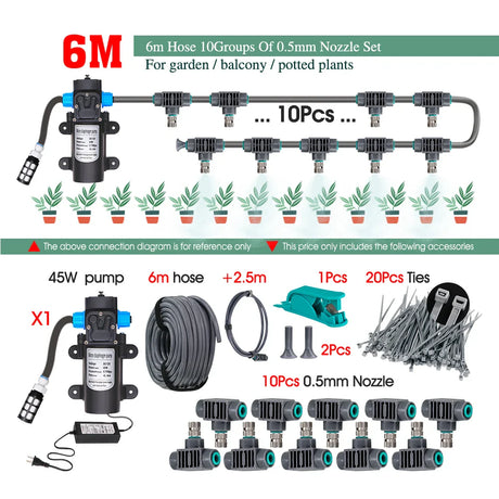 0.5MM Adjustable Spray Nozzle Automatic Irrigation Equipment 45W Pump Timer Fogging Kit for Garden Plants Misting Cooling System