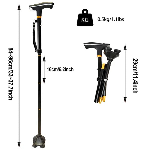 Folding Trekking Poles T-handle Hiking 5 Modes Adjustable Anti-Slip Poles Cane Old Man Crutches Stick Cane Crutch with LED Light