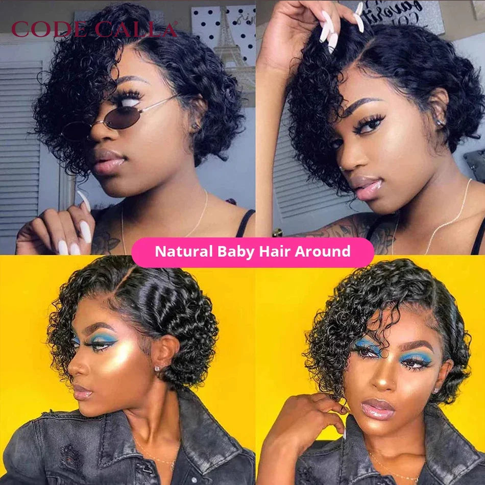 Human Hair Wigs Curly Wave Side Part Wig Short Bob Pixie Cut Brazilian Remy Human Hair Deep Curly 13*1 Lace Front Wigs for Women