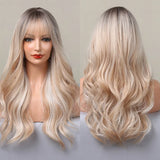 HAIRCUBE Long Ombre Brown Black Light Blonde Synthetic Wigs with Bangs Heat Resistant Straight Wigs for Women Natural