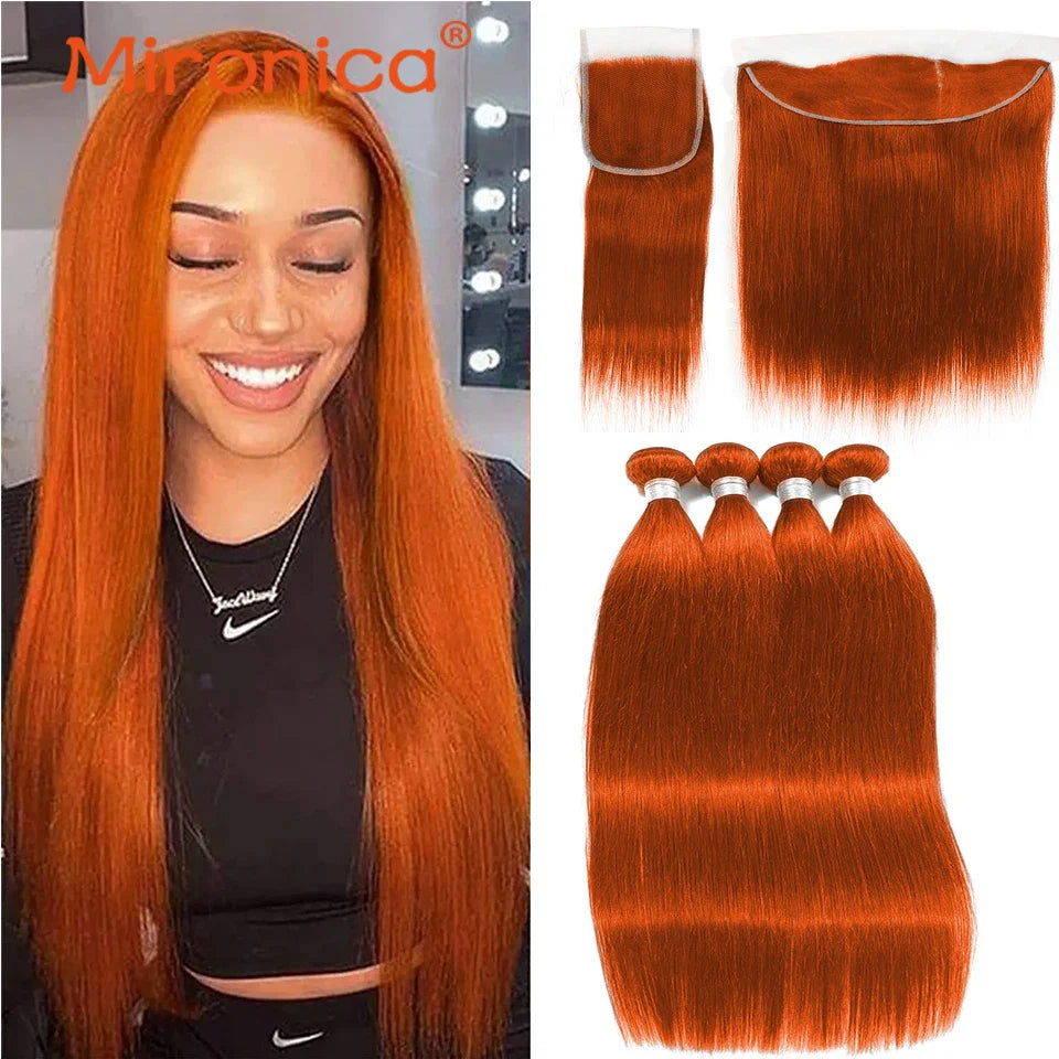 Ginger Orange #350 Peruvian Straight Human Hair Bundles with 4x4 13x4Closure  Human Hair Weaving Wefts Remy Human Hair Extension