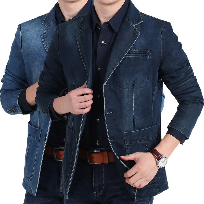 Mens Denim Blazer Men Fashion Cotton Vintage Suit Outerwear Male Blue Coat Denim Jacket Men Slim Fit Jeans Blazers