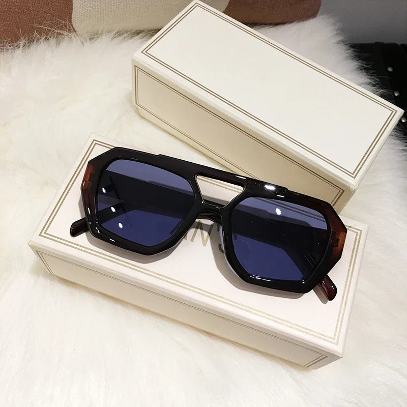 Retro Tortoiseshell Pilot Sunglasses Women Brand Designer 2023 Oversized Shades Eyewear Double Bridge Rectangle Men Sun Glassses