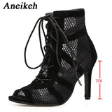 Aneikeh 7CM Middle Heel Dance Hollow Out Ankle Strap Sandal Boots 2023 Fashion Summer Lace Up Cross-tied Peep Toe Lady Shoes