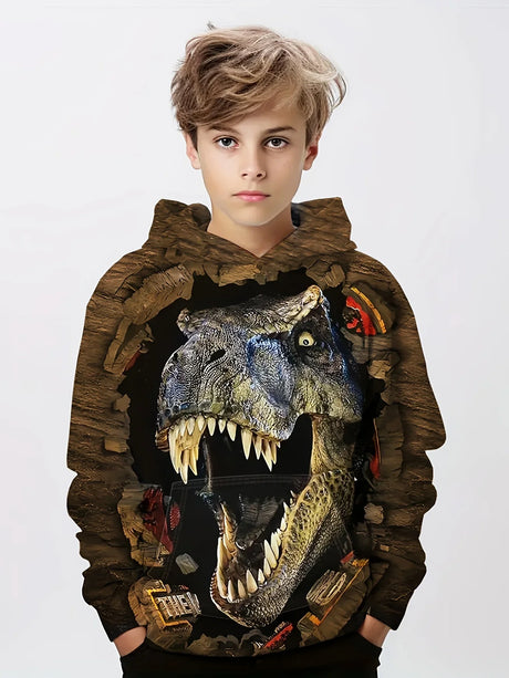 3D Dinosaur Pattern Kid's Hoodie, Trendy Long Sleeve Top, Boy's Clothes For Spring Fall Winter