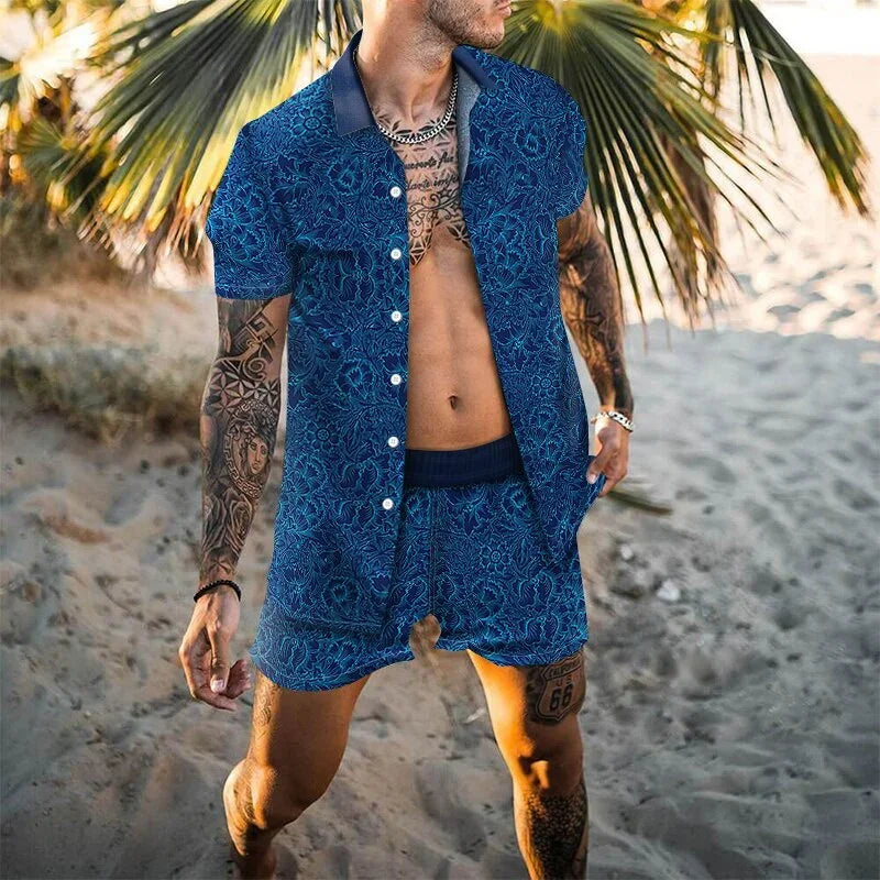 Men Hawaiian 2Pcs Sets Summer 3D Print Short Sleeve Shirt Beach Button Shorts Streetwear Shirt Holiday Men's Two Piece Suit