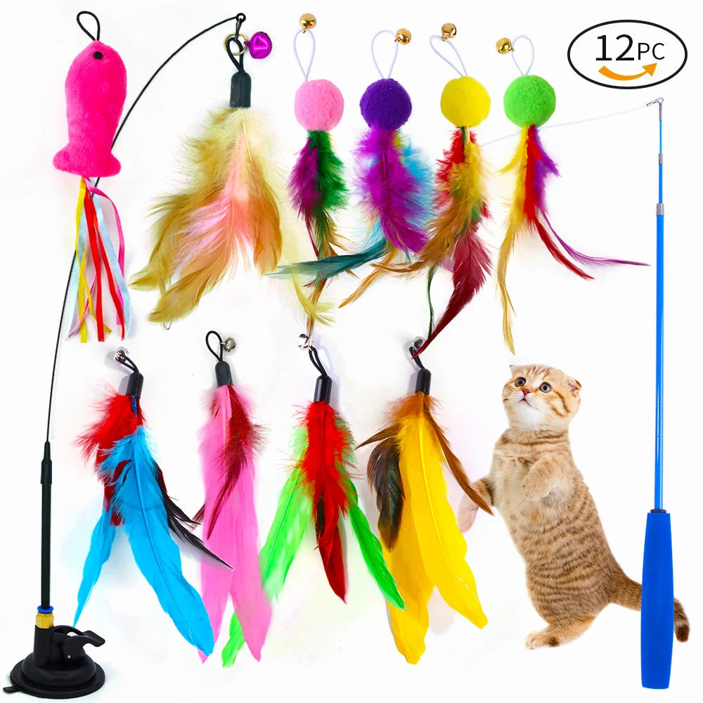 Interactive Cat Toy Handfree Cat Stick Playing Kitten Playing Teaser Wand Toy Suction Cup Bird/Feather Cat Wand Toys Set