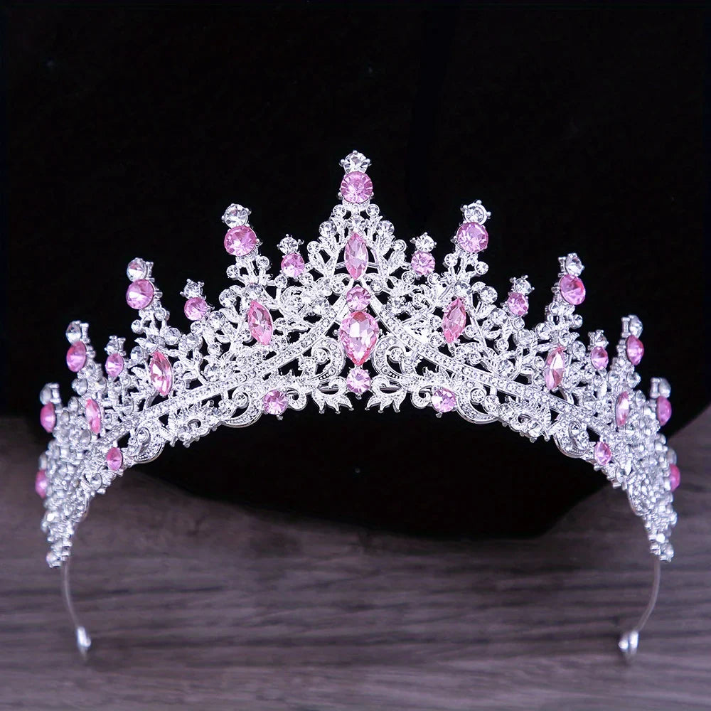 Pink Crystal Tiaras And Crowns For Women Bride Pink Rhinestone Prom Diadem Crown Tiara Bridal Wedding Hair Accessories Jewelry