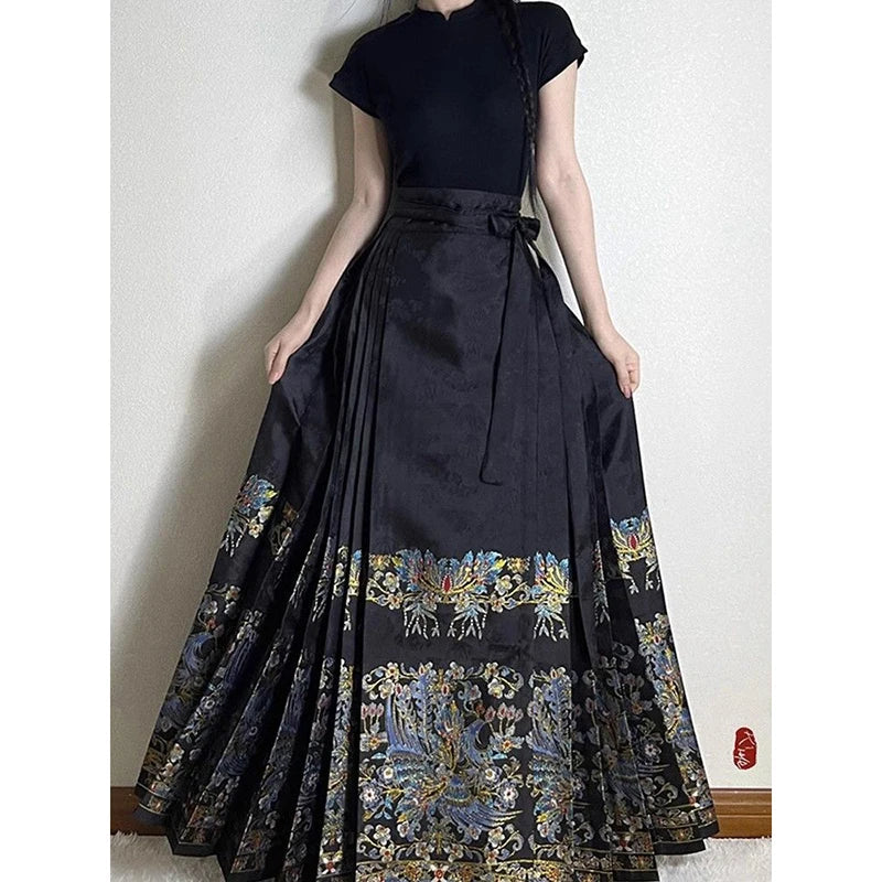 Chinese Style Traditional Pleated Skirt For Women Black Mamianqun Hanfu Thin Fashion All-match DIY Lace-up Long Skirts Womenwear