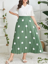 Plus Size Spring Midi Polka Dot Print Skirt Women Ruffle Pleated Loose Modis Office Ladies Skirts Elastic High Waist Woman Skirt