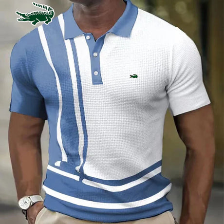 Men's Polo Shirt Fashion Stripe Stitching Casual Lapel Button Summer Men's Short Sleeve Slim Figure Breathable Routine Work Polo