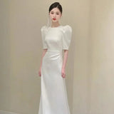 Bride French White Wedding Dress Women Sexy Backless Satin Half Sleeve Mermaid Dresses Elegant Evening Guest Long Party Dress