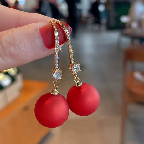 Jea. Angel Vintage Red Pearl Round Silver Color Earrings For Women Wedding Party Elegant Jewelry Fashion Accessories Gifts