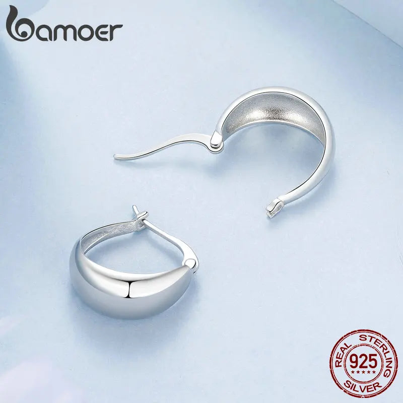 BAMOER White Gold Plated Chunky Small Hoop Earrings, 925 Sterling Silver Dainty Minimalist Open Hoops Earrings For Women Gift