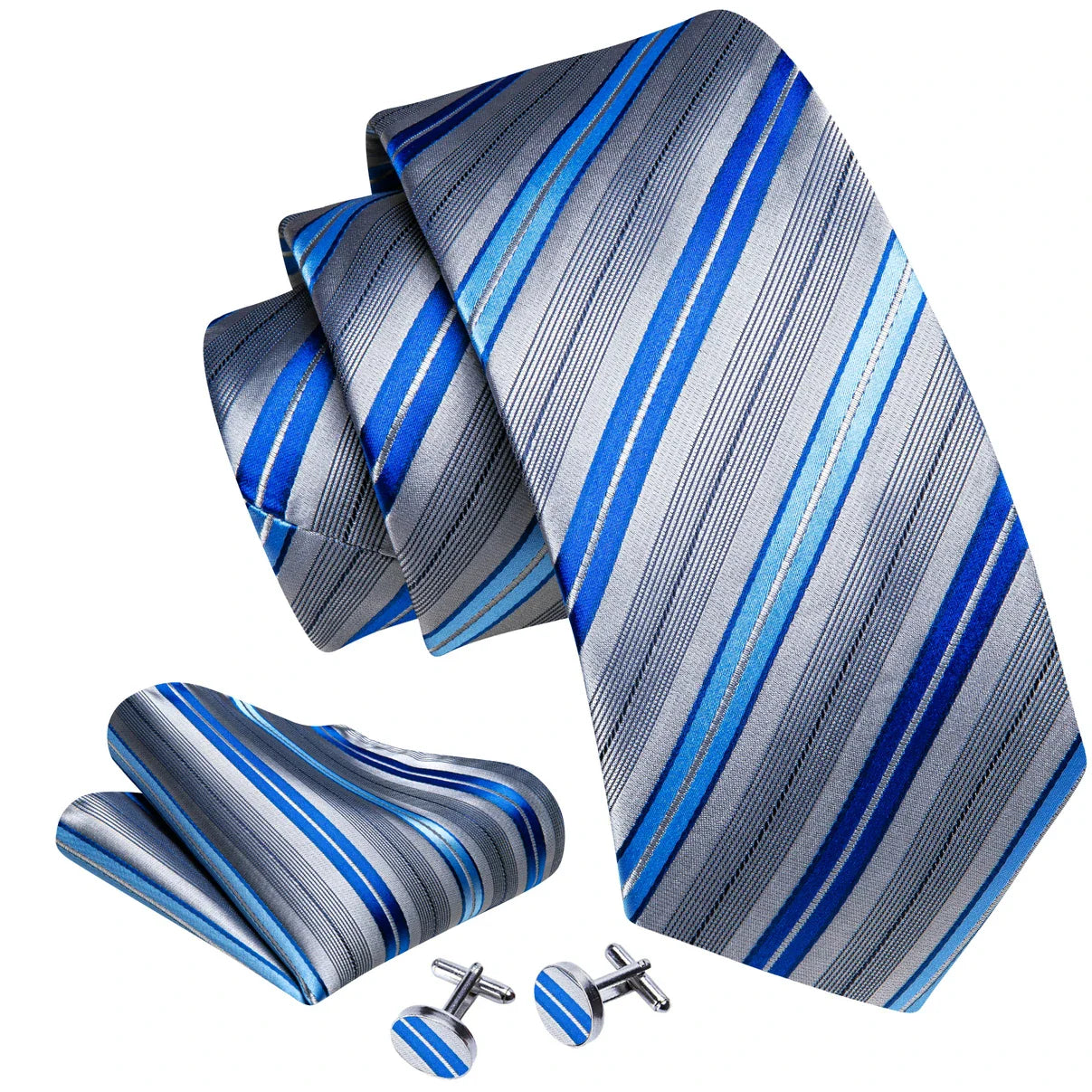 Luxury Mens Ties Set Blue Silver Gray Striped Necktie Pocket Square Cufflinks Set Wedding Gift Corbatas Clip Barry·Wang 6237