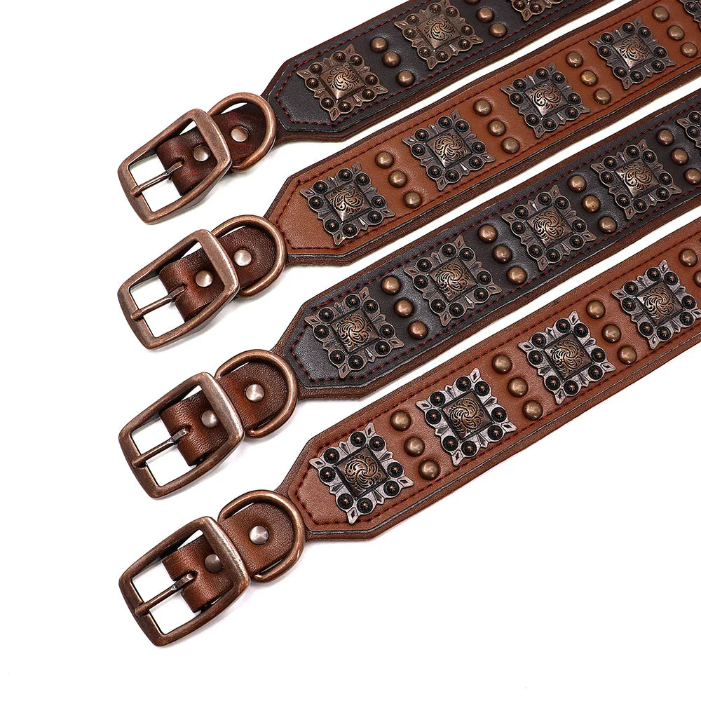 Durable Spiked Genuine Leather Dog Collar For Medium Large Dogs Pitbull Bulldog Adjustable Pet Accessories Collars Neck Strap