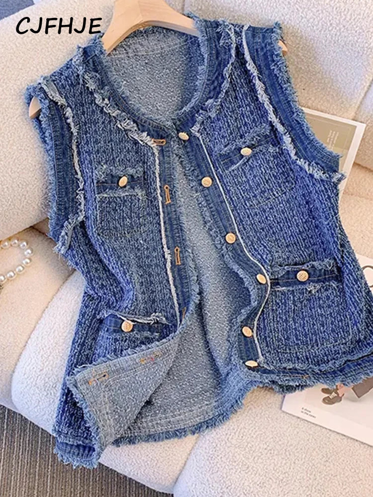 CJFHJE Blue Spring Autumn Flow Sleeveless Tank Top Coat Women Single Breasted Plaid Denim Vest Female Tassel Elegant Lady Vests