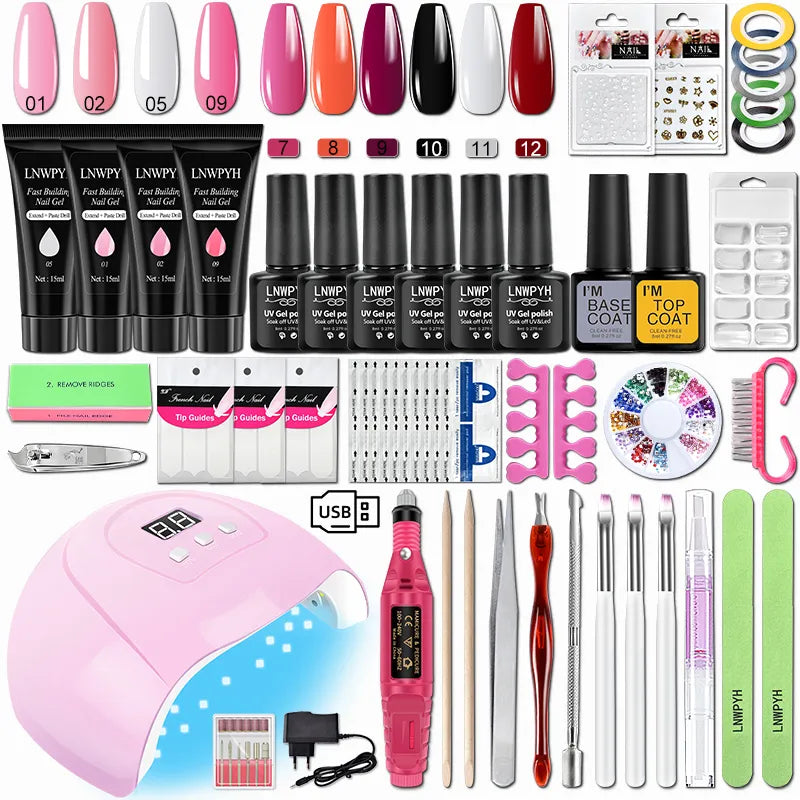 Acrylic Nail Kit Poly Nail Gel Kit With Nail Lamp Nail Extension Glitter Gel UV Building Gel Nail Polish Kit Manicure Tools Set