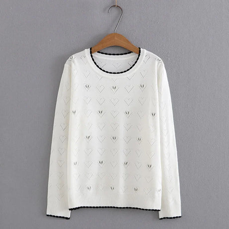 2022 Autumn Sweater Plus Size Women Clothing Slim High Strecth Floral Embroidery Jumper O-Neck Loving Heart Hollow Out Pullover