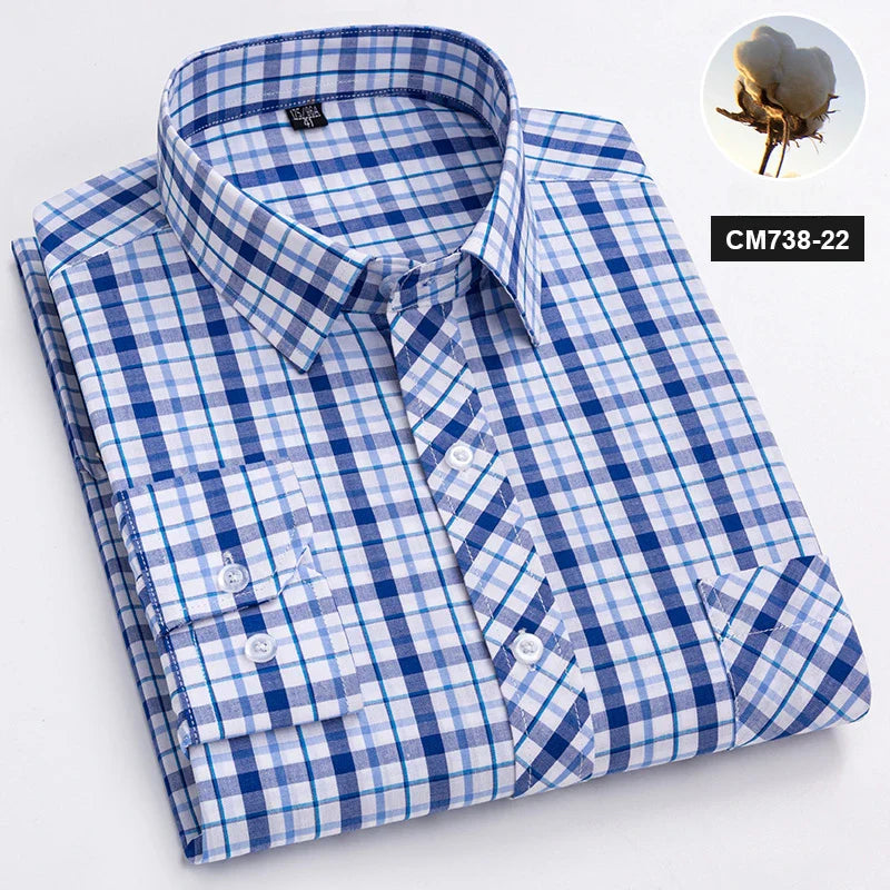 New in shirt 100%cotton long-sleeve shirts for men thin slim fit formal plain shirt plaid designer tops office elegants clothes