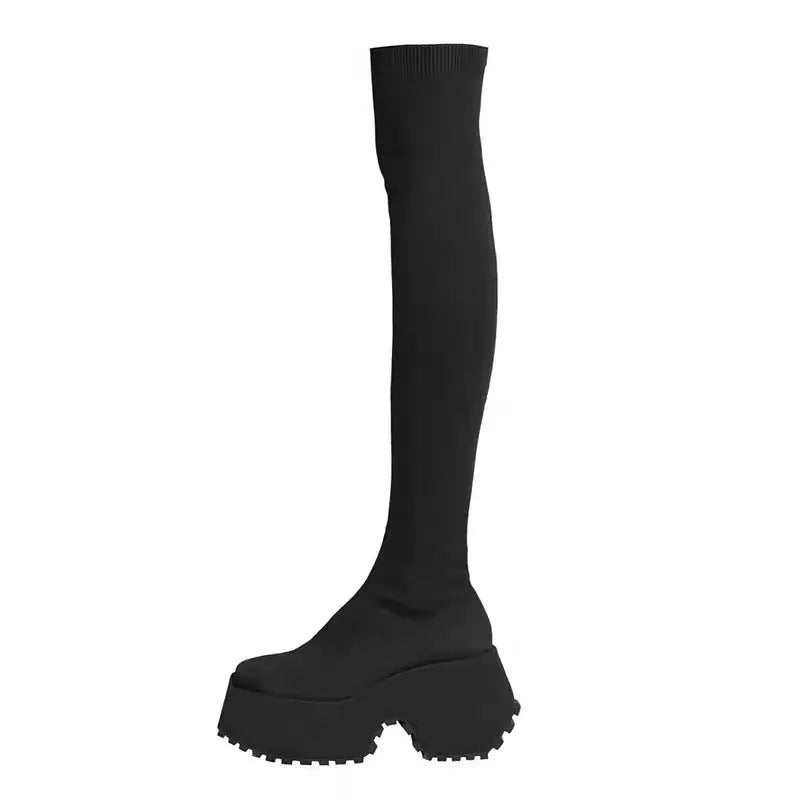 Autumn Winter Women's Over The Knee Sock Boots 2023 Stretch Knitted Thick Heels Long Boots Woman Slip on Platform Shoes