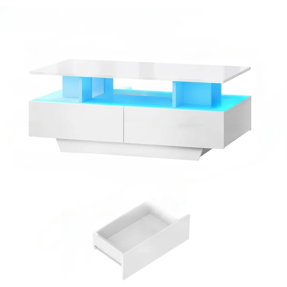 High Glossy LED Coffee Tables for Living Room, Center Table with Open Display Shelf & Sliding Drawers, White