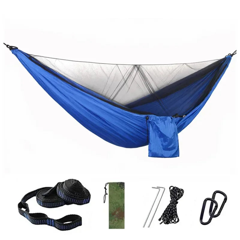 Double Travel Camping Hammock with Mosquito Net,Backpacking Portable Parachute 5+1 Ring Strap Hammock