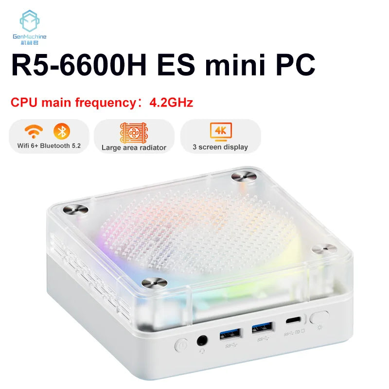 Genmachine AMD R5 6600H ES New Mini PC Windows 11 WiFi 6 Gaming PC DDR5 4800MHz 4.2GHz CPU M.2 SSD Display Computer Support 4K