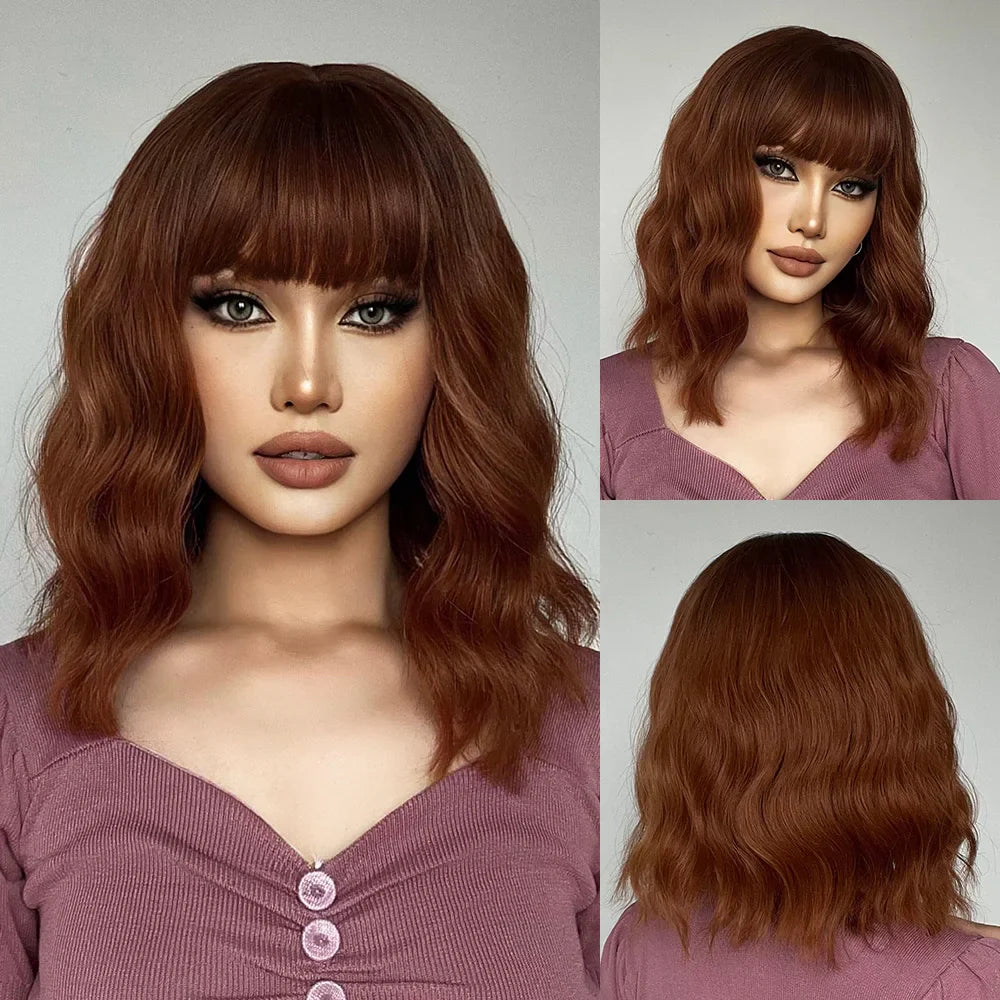 ESIN Synthetic Black Brown Medium Long Loose Body Wave Wig with Bangs Cosplay Daily Natural Wigs for Women Heat-resistant Hair