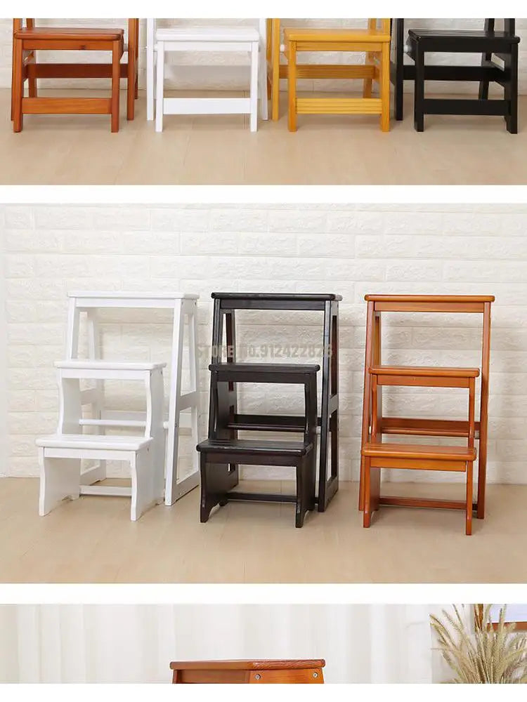 Solid Wood Household Multifunctional Folding Ladder Chair Indoor Climbing Ladder Dual-use Three-step Four-step Ladder Stool