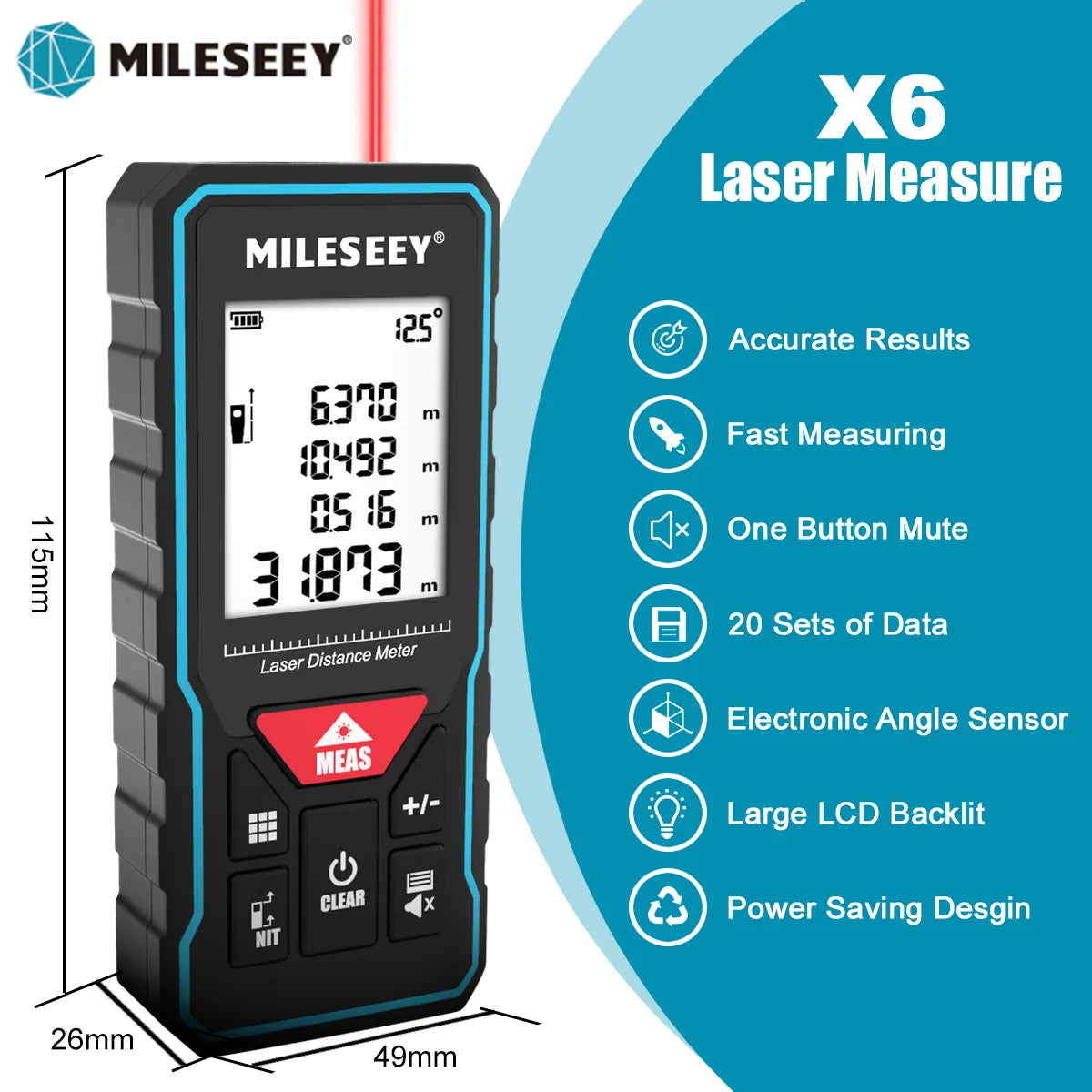 MILESEEY X6 Laser tape measure 40M 60M 80M 100M, Professional Rangefinder with angle display for DIY, Decorating, Building