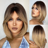 Brown Blonde Short Straight Synthetic Hair Wigs with Bangs for Women Golden Highlight Bob Wigs Cosplay Natural Heat Resistant