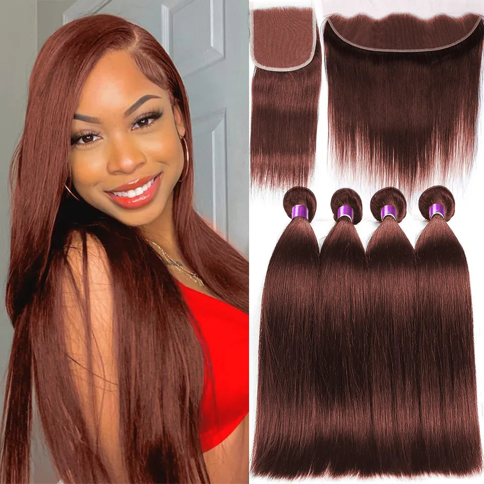 33# Auburn Reddish Brown Colored Bone Straight Human Hair Bundles with Closure 4x4 5x5 Lace Closure With Bundles and Frontal