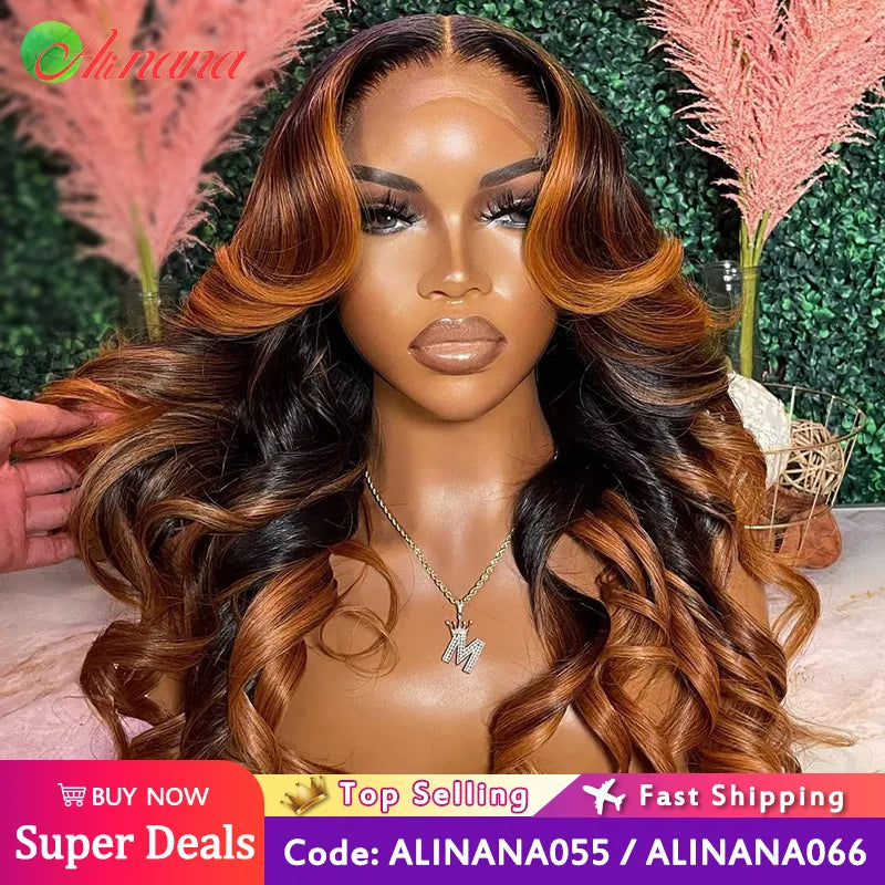 Ombre Ginger Brown Colored 13x6 HD Transparent Lace Frontal Wig Wave Pre-Plucked 12A Grade Lace Closure Human Hair Wig For Women